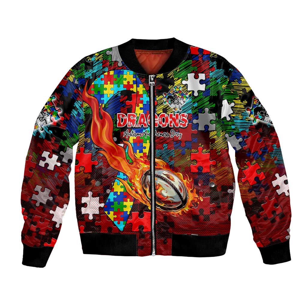 Dragons Autism Awareness Bomber Jacket Puzzle Flames Rugby Ball