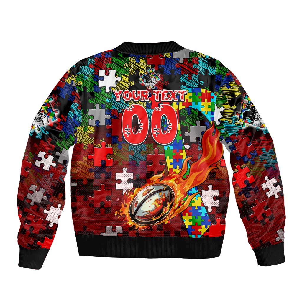 Dragons Autism Awareness Bomber Jacket Puzzle Flames Rugby Ball