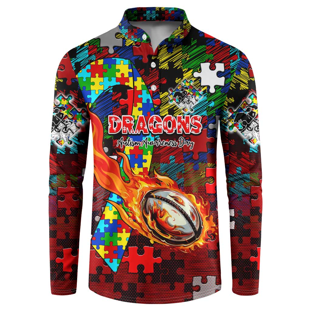 Dragons Autism Awareness Button Sweatshirt Puzzle Flames Rugby Ball