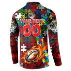 Dragons Autism Awareness Button Sweatshirt Puzzle Flames Rugby Ball