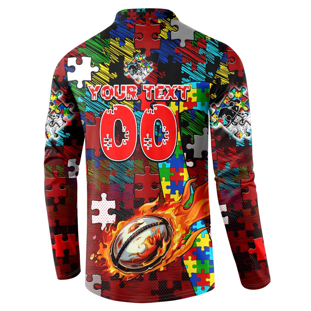 Dragons Autism Awareness Button Sweatshirt Puzzle Flames Rugby Ball