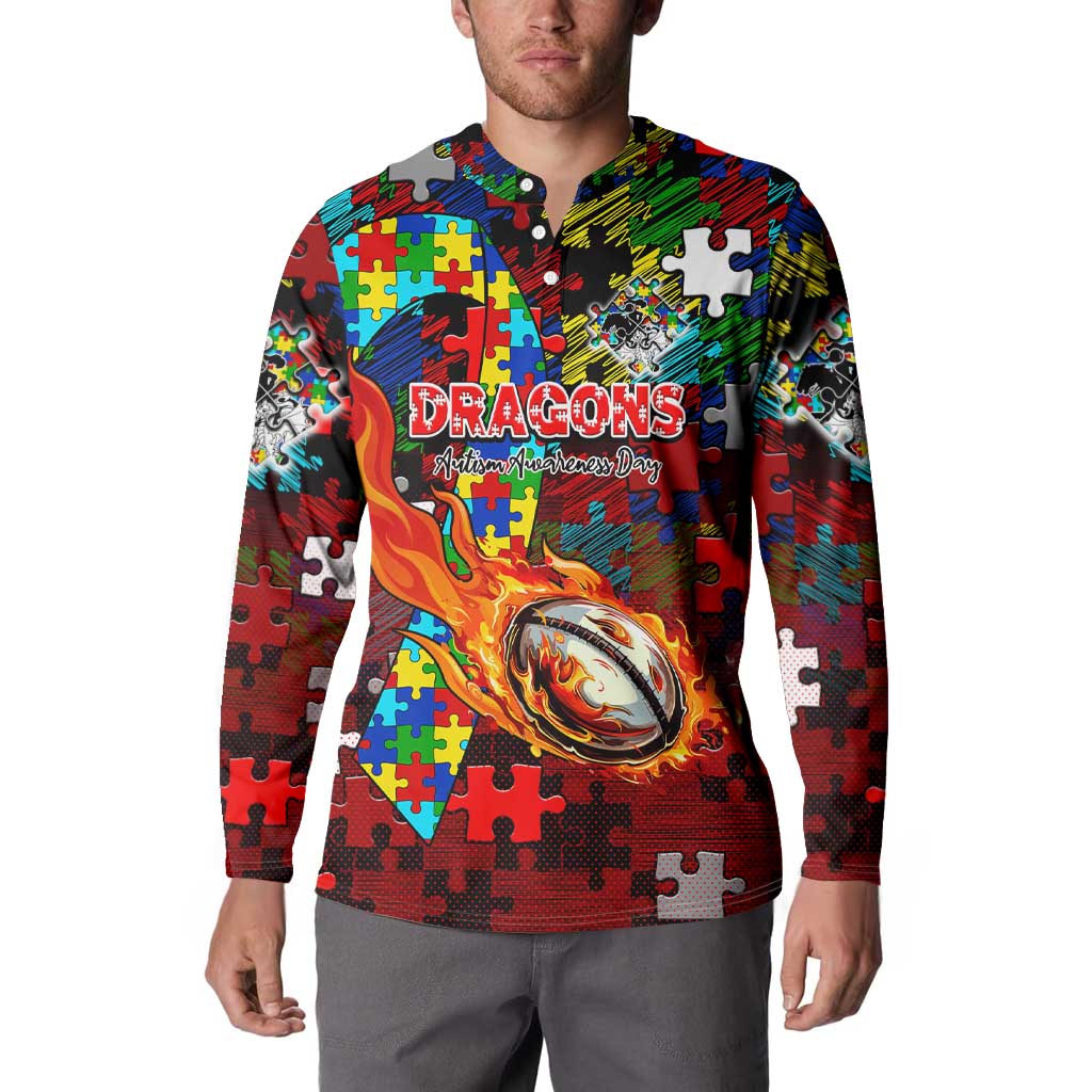 Dragons Autism Awareness Button Sweatshirt Puzzle Flames Rugby Ball