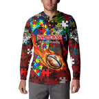 Dragons Autism Awareness Button Sweatshirt Puzzle Flames Rugby Ball