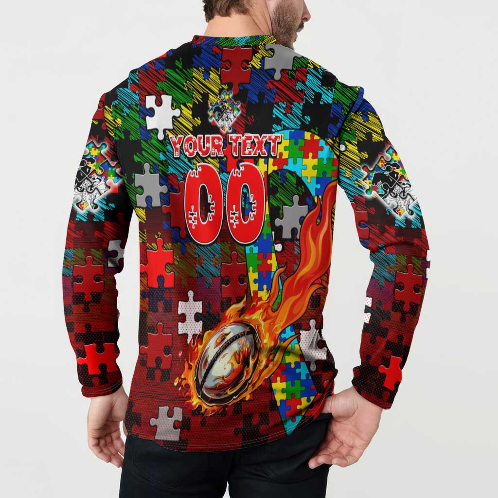 Dragons Autism Awareness Button Sweatshirt Puzzle Flames Rugby Ball
