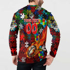 Dragons Autism Awareness Button Sweatshirt Puzzle Flames Rugby Ball