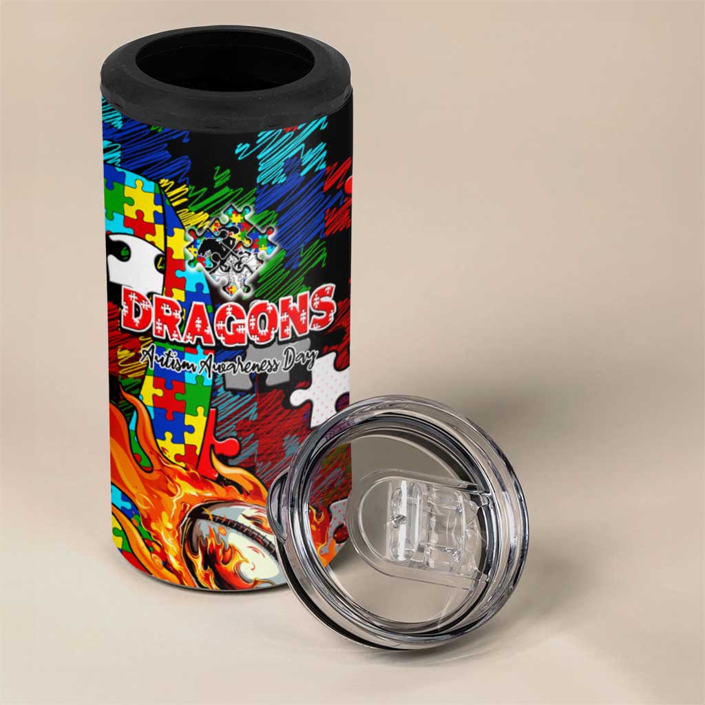 Dragons Autism Awareness 4 in 1 Can Cooler Tumbler Puzzle Flames Rugby Ball