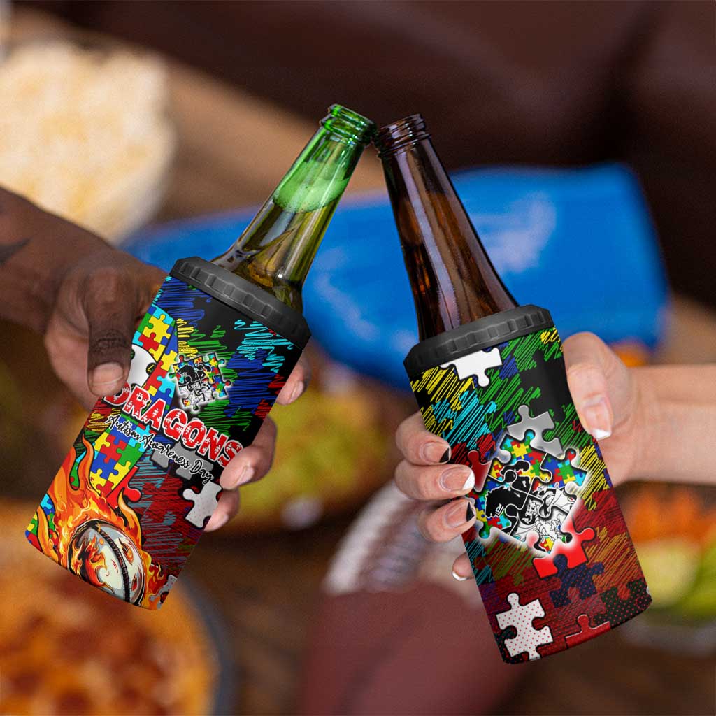 Dragons Autism Awareness 4 in 1 Can Cooler Tumbler Puzzle Flames Rugby Ball