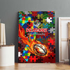 Dragons Autism Awareness Canvas Wall Art Puzzle Flames Rugby Ball
