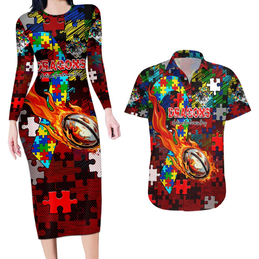 Dragons Autism Awareness Couples Matching Long Sleeve Bodycon Dress and Hawaiian Shirt Puzzle Flames Rugby Ball