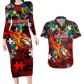 Dragons Autism Awareness Couples Matching Long Sleeve Bodycon Dress and Hawaiian Shirt Puzzle Flames Rugby Ball