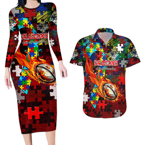 Dragons Autism Awareness Couples Matching Long Sleeve Bodycon Dress and Hawaiian Shirt Puzzle Flames Rugby Ball
