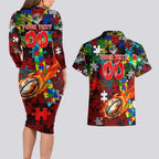 Dragons Autism Awareness Couples Matching Long Sleeve Bodycon Dress and Hawaiian Shirt Puzzle Flames Rugby Ball
