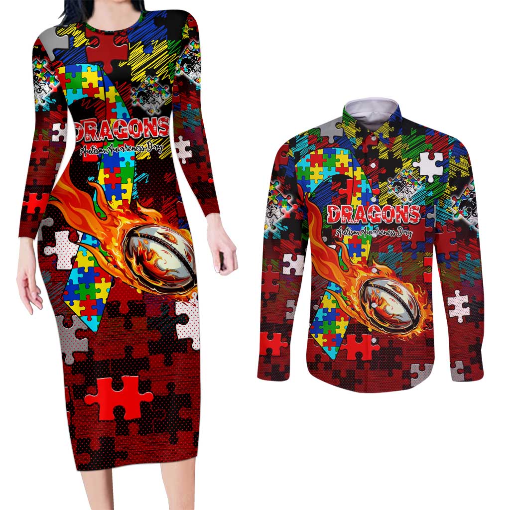 Dragons Autism Awareness Couples Matching Long Sleeve Bodycon Dress and Long Sleeve Button Shirt Puzzle Flames Rugby Ball