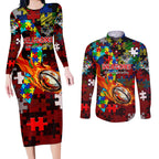 Dragons Autism Awareness Couples Matching Long Sleeve Bodycon Dress and Long Sleeve Button Shirt Puzzle Flames Rugby Ball
