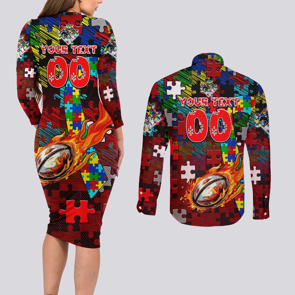 Dragons Autism Awareness Couples Matching Long Sleeve Bodycon Dress and Long Sleeve Button Shirt Puzzle Flames Rugby Ball