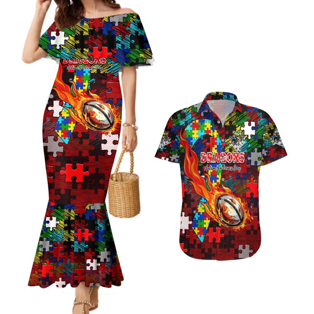 Dragons Autism Awareness Couples Matching Mermaid Dress and Hawaiian Shirt Puzzle Flames Rugby Ball