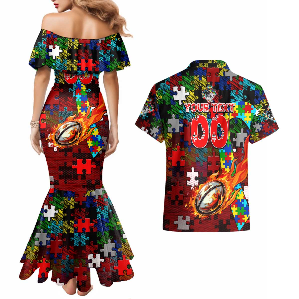 Dragons Autism Awareness Couples Matching Mermaid Dress and Hawaiian Shirt Puzzle Flames Rugby Ball