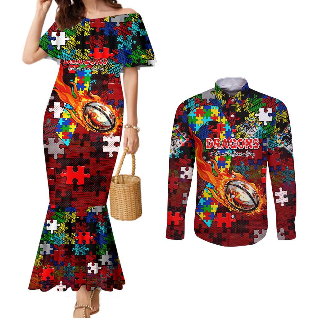 Dragons Autism Awareness Couples Matching Mermaid Dress and Long Sleeve Button Shirt Puzzle Flames Rugby Ball