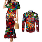 Dragons Autism Awareness Couples Matching Mermaid Dress and Long Sleeve Button Shirt Puzzle Flames Rugby Ball