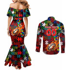 Dragons Autism Awareness Couples Matching Mermaid Dress and Long Sleeve Button Shirt Puzzle Flames Rugby Ball