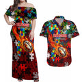 Dragons Autism Awareness Couples Matching Off Shoulder Maxi Dress and Hawaiian Shirt Puzzle Flames Rugby Ball