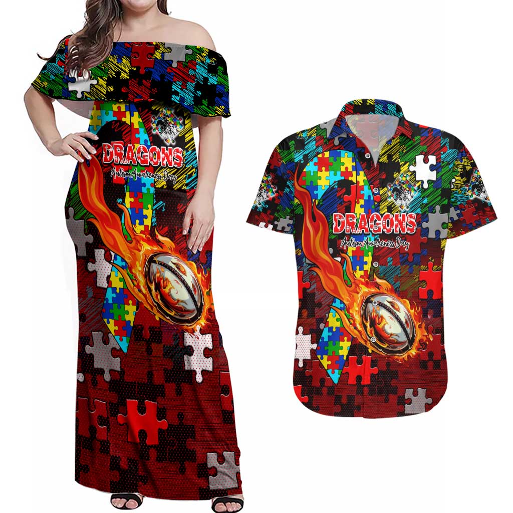 Dragons Autism Awareness Couples Matching Off Shoulder Maxi Dress and Hawaiian Shirt Puzzle Flames Rugby Ball