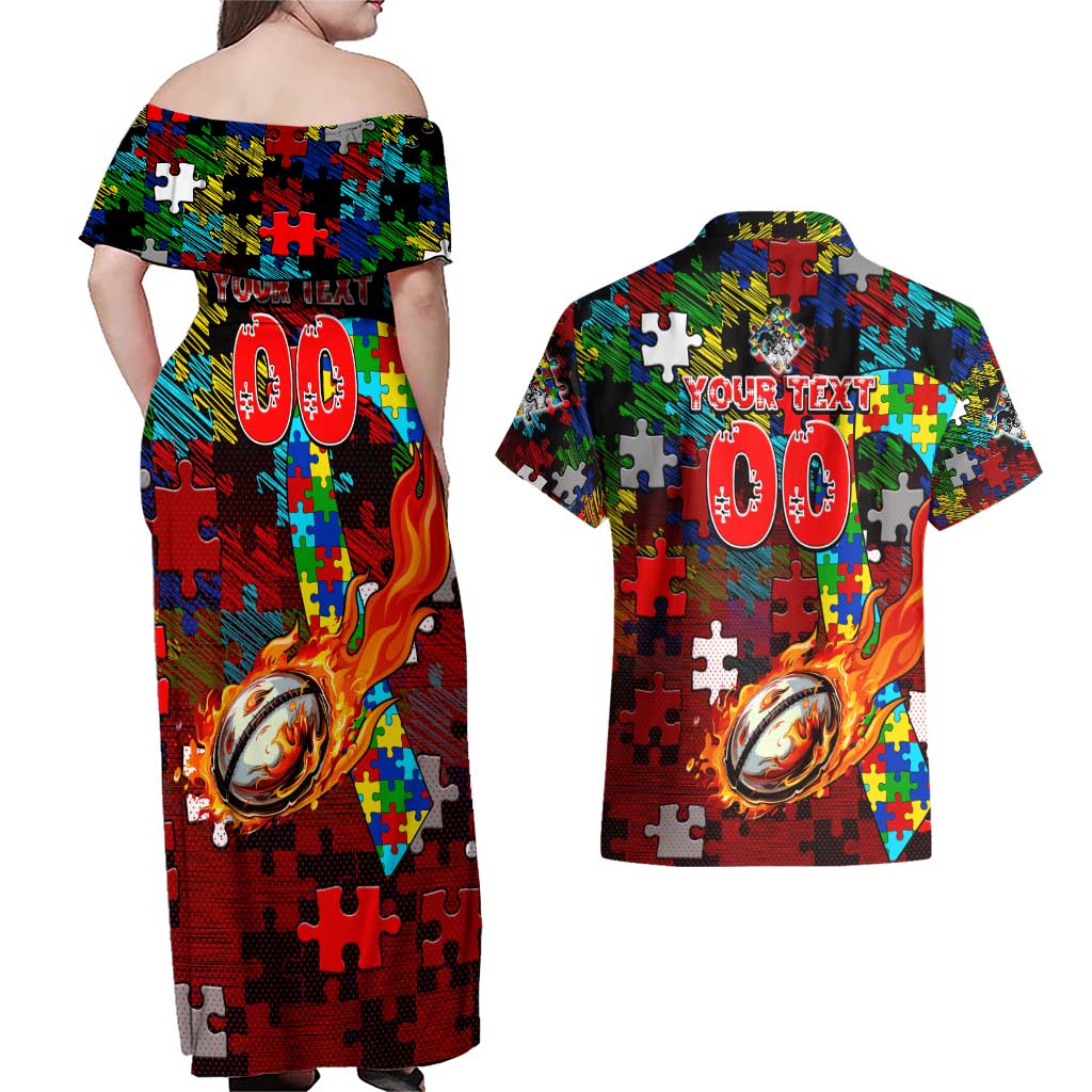 Dragons Autism Awareness Couples Matching Off Shoulder Maxi Dress and Hawaiian Shirt Puzzle Flames Rugby Ball
