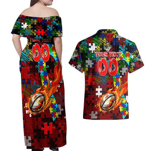 Dragons Autism Awareness Couples Matching Off Shoulder Maxi Dress and Hawaiian Shirt Puzzle Flames Rugby Ball