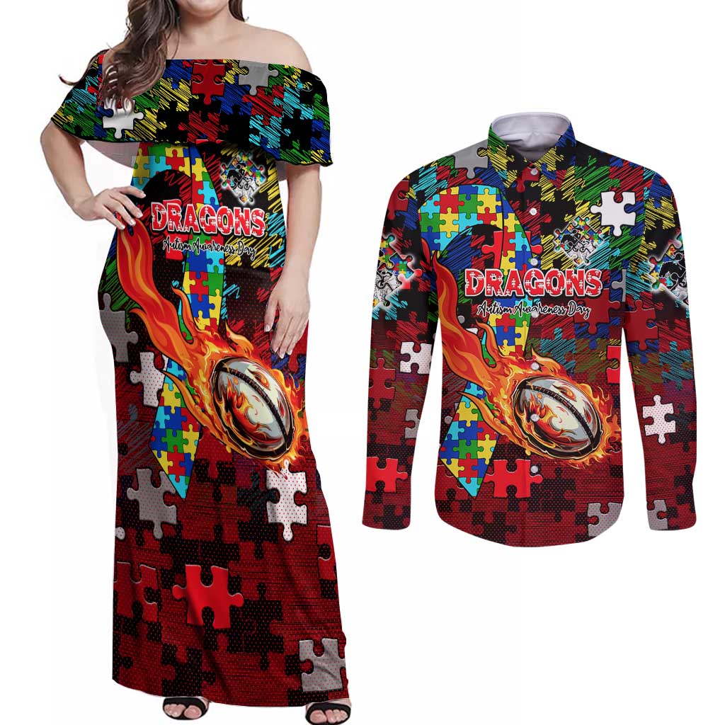 Dragons Autism Awareness Couples Matching Off Shoulder Maxi Dress and Long Sleeve Button Shirt Puzzle Flames Rugby Ball