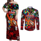 Dragons Autism Awareness Couples Matching Off Shoulder Maxi Dress and Long Sleeve Button Shirt Puzzle Flames Rugby Ball