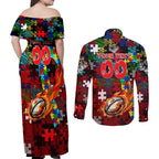 Dragons Autism Awareness Couples Matching Off Shoulder Maxi Dress and Long Sleeve Button Shirt Puzzle Flames Rugby Ball