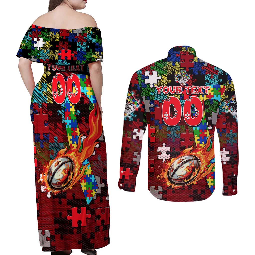 Dragons Autism Awareness Couples Matching Off Shoulder Maxi Dress and Long Sleeve Button Shirt Puzzle Flames Rugby Ball