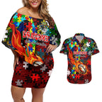 Dragons Autism Awareness Couples Matching Off Shoulder Short Dress and Hawaiian Shirt Puzzle Flames Rugby Ball