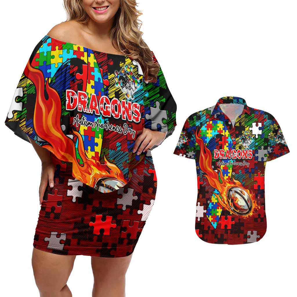 Dragons Autism Awareness Couples Matching Off Shoulder Short Dress and Hawaiian Shirt Puzzle Flames Rugby Ball