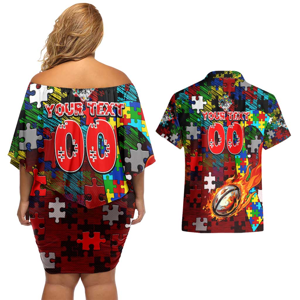 Dragons Autism Awareness Couples Matching Off Shoulder Short Dress and Hawaiian Shirt Puzzle Flames Rugby Ball