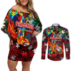 Dragons Autism Awareness Couples Matching Off Shoulder Short Dress and Long Sleeve Button Shirt Puzzle Flames Rugby Ball