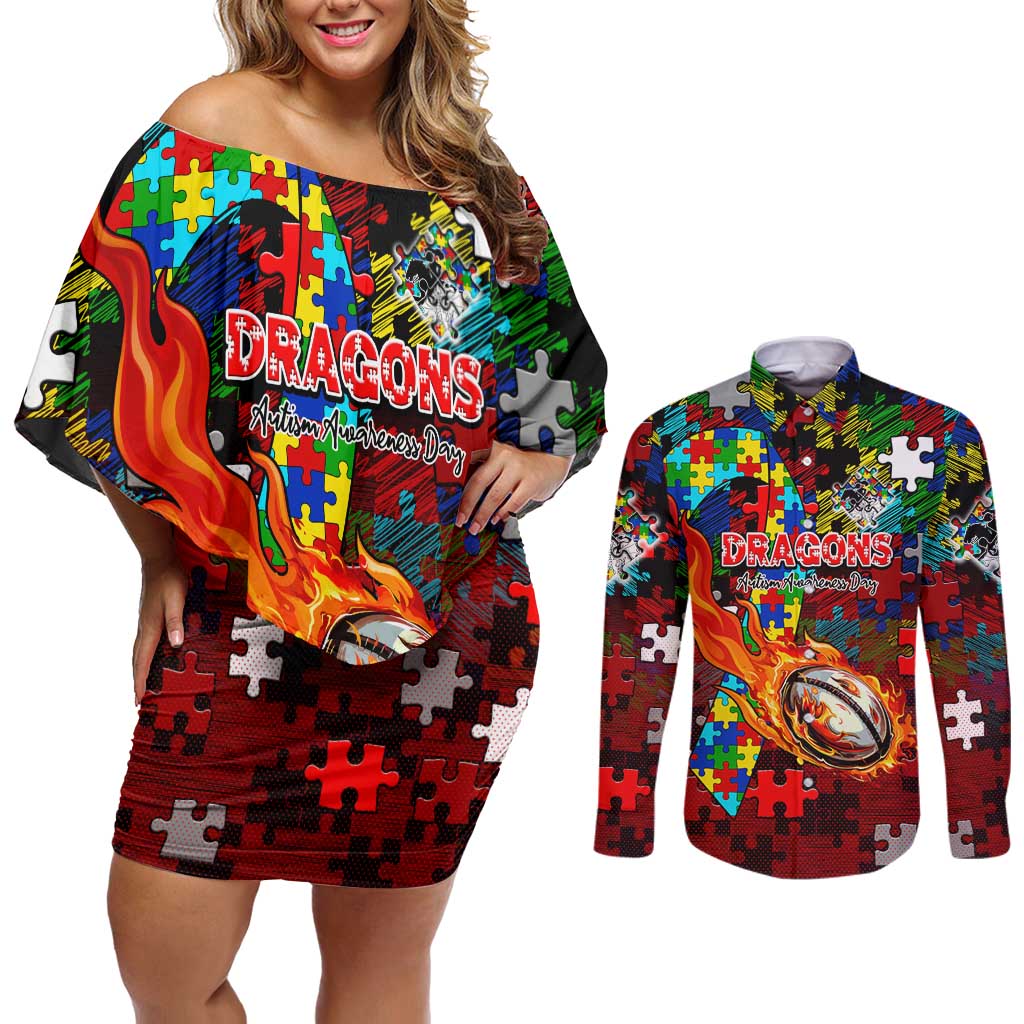 Dragons Autism Awareness Couples Matching Off Shoulder Short Dress and Long Sleeve Button Shirt Puzzle Flames Rugby Ball
