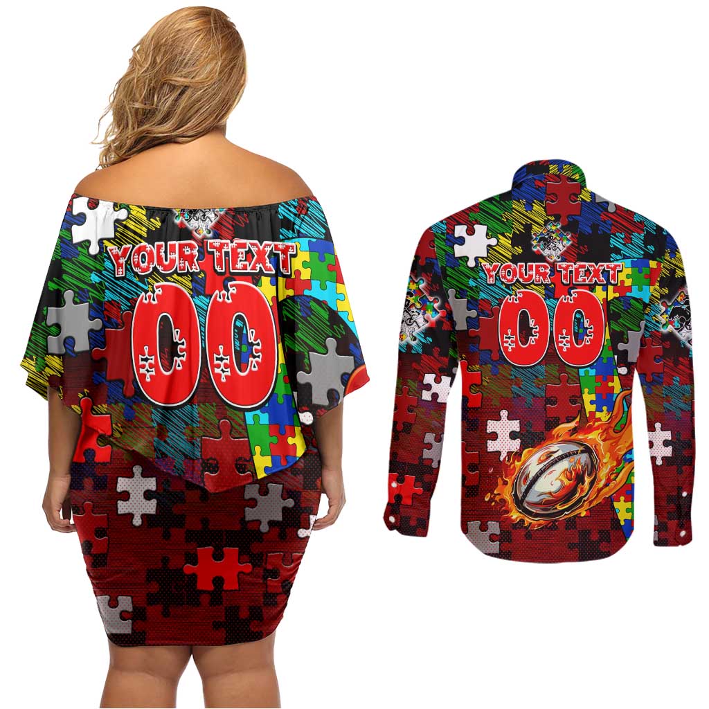 Dragons Autism Awareness Couples Matching Off Shoulder Short Dress and Long Sleeve Button Shirt Puzzle Flames Rugby Ball