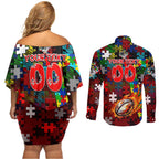 Dragons Autism Awareness Couples Matching Off Shoulder Short Dress and Long Sleeve Button Shirt Puzzle Flames Rugby Ball