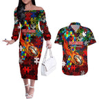 Dragons Autism Awareness Couples Matching Off The Shoulder Long Sleeve Dress and Hawaiian Shirt Puzzle Flames Rugby Ball