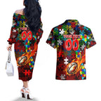 Dragons Autism Awareness Couples Matching Off The Shoulder Long Sleeve Dress and Hawaiian Shirt Puzzle Flames Rugby Ball