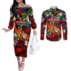 Dragons Autism Awareness Couples Matching Off The Shoulder Long Sleeve Dress and Long Sleeve Button Shirt Puzzle Flames Rugby Ball