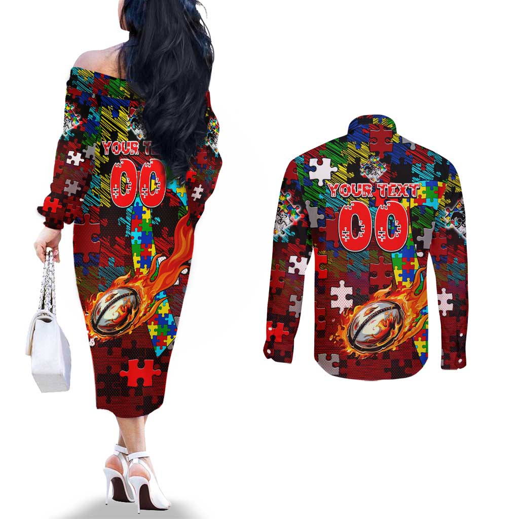Dragons Autism Awareness Couples Matching Off The Shoulder Long Sleeve Dress and Long Sleeve Button Shirt Puzzle Flames Rugby Ball