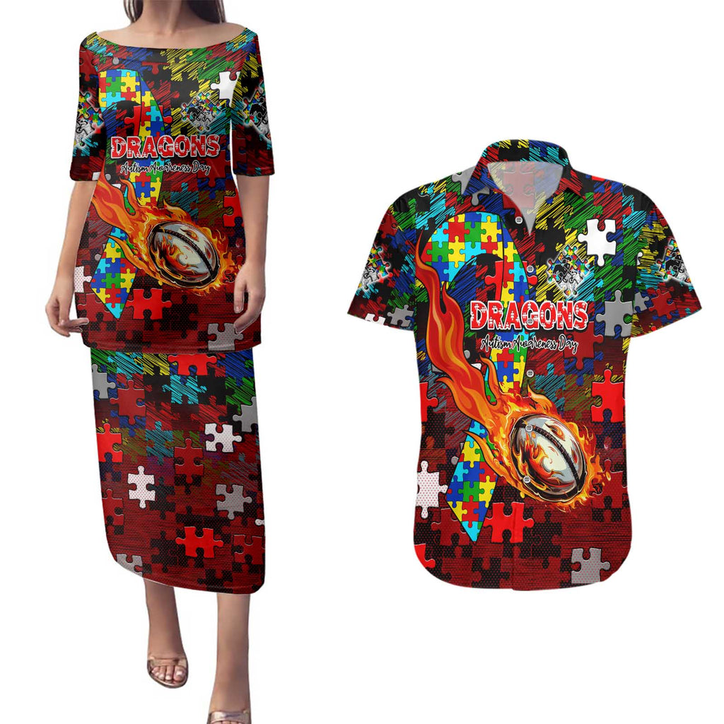 Dragons Autism Awareness Couples Matching Puletasi and Hawaiian Shirt Puzzle Flames Rugby Ball
