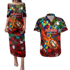 Dragons Autism Awareness Couples Matching Puletasi and Hawaiian Shirt Puzzle Flames Rugby Ball