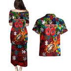 Dragons Autism Awareness Couples Matching Puletasi and Hawaiian Shirt Puzzle Flames Rugby Ball