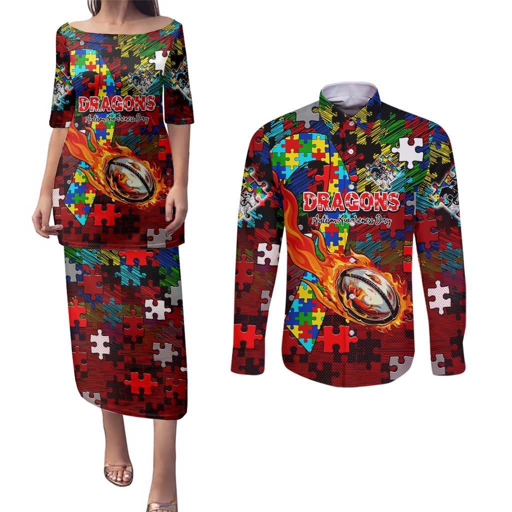 Dragons Autism Awareness Couples Matching Puletasi and Long Sleeve Button Shirt Puzzle Flames Rugby Ball