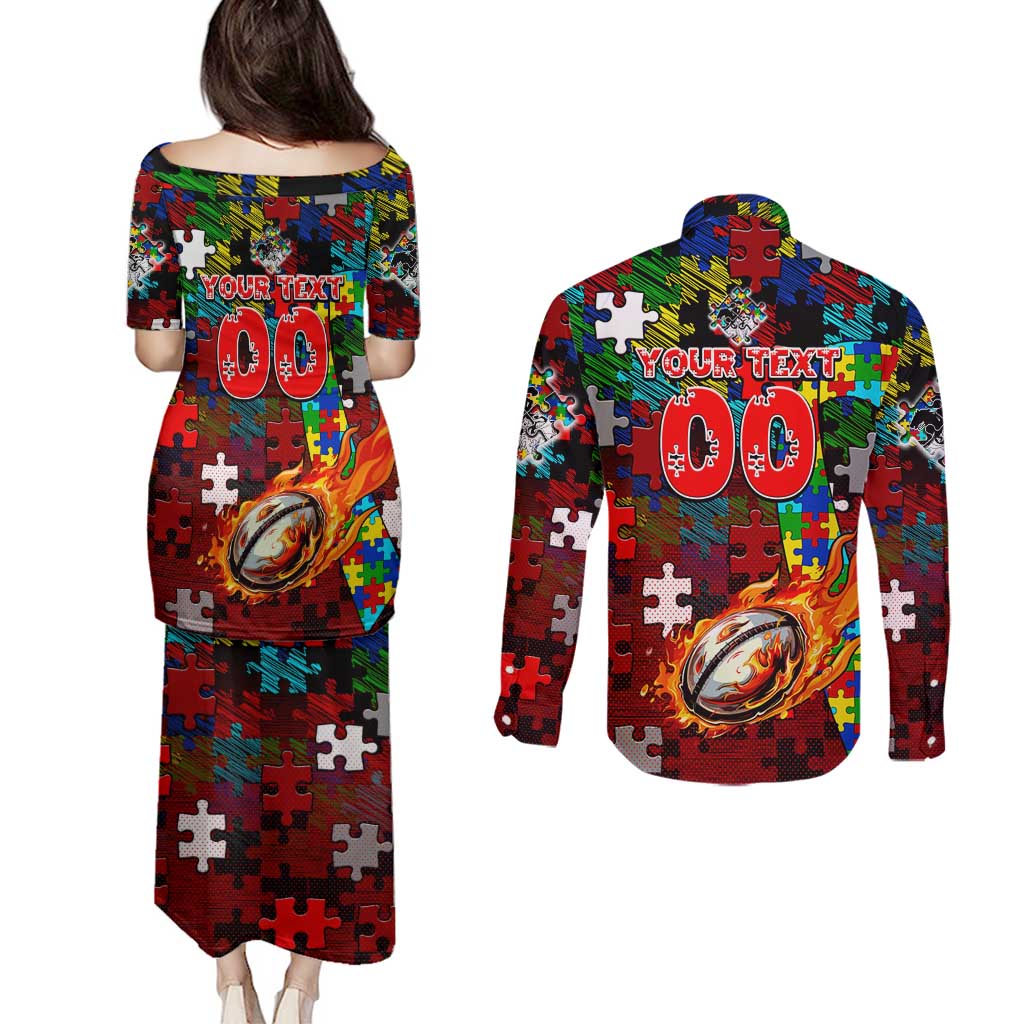 Dragons Autism Awareness Couples Matching Puletasi and Long Sleeve Button Shirt Puzzle Flames Rugby Ball