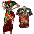 Dragons Autism Awareness Couples Matching Short Sleeve Bodycon Dress and Hawaiian Shirt Puzzle Flames Rugby Ball