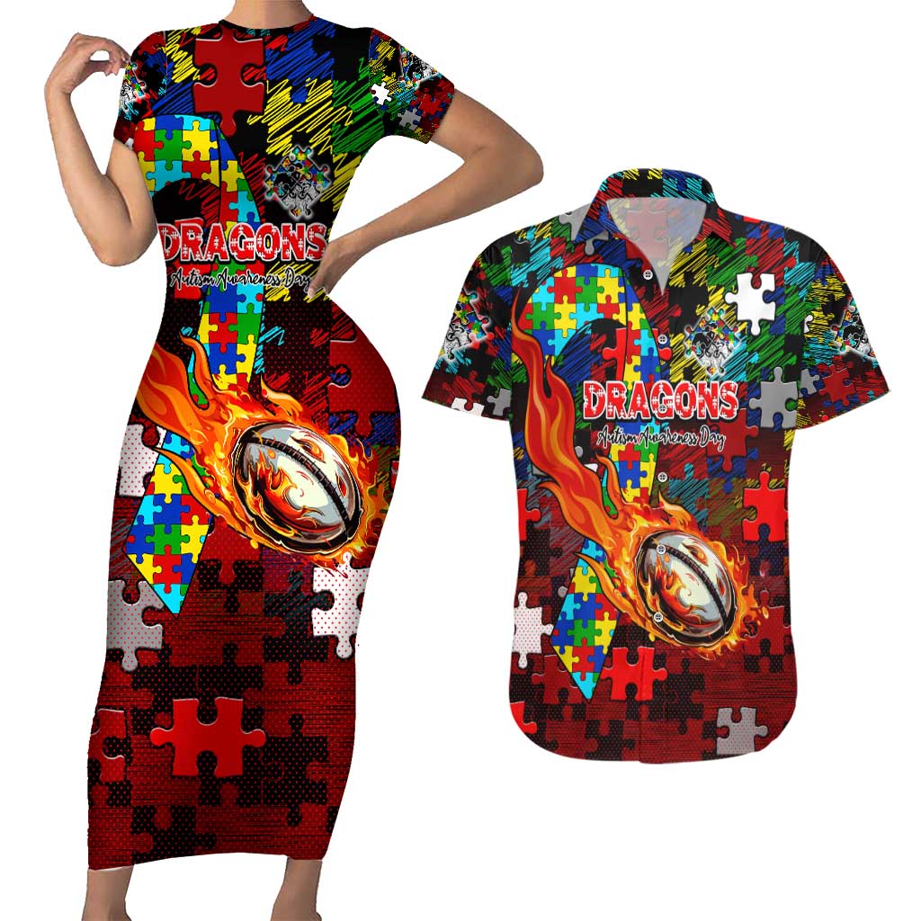 Dragons Autism Awareness Couples Matching Short Sleeve Bodycon Dress and Hawaiian Shirt Puzzle Flames Rugby Ball